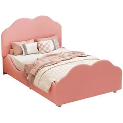 Okwish Polsterbett 90/200 cm rosa hohes Geländer-Kinderbett mit Wolkenkopf- und Fußteil , Pink , Textil , 90x200 cm , Babymöbel & Kindermöbel, Kinderzimmer & Jugendzimmer, Kinderbetten