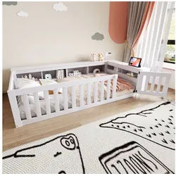 Flieks Kinderbett, Bodenbett Einzelbett Holzbett 90x200cm mit Tür und offenen Staufächern weiß 112 cm x 222.6 cm x 45 cm