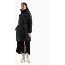 Armani Exchange für Damen. XW000211AF10852FC040 Knielanger Steppmantel mit Kapuze aus schwarzem, tonalem Jacquard-Muster (M), Lässig, Polyam