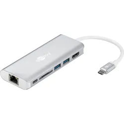 USB-C-Multiport-Adapter HDMI 4k30Hz, USB, CR, RJ45, PD, Alu, silber erweitert ein USB-C Gerät um einen Ethernet-, ein HDMI-, zwei USB 3.0- und einen USB-C-Anschluss, sowie einen Kartenschacht für SD K