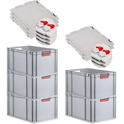 PROREGAL 5x Eurobox NextGen Color mit Scharnierdeckel & Verschlüssen | HxBxT 22x40x60cm | 65 Liter | Griffe rot offen | Verstärkter Boden