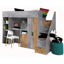 Abiks Möbel Hochbett mit Schreibtisch 90/200 cm , Grau, Eiche Wotan , Holz , Nachbildung , 13 Fächer , 90x200 cm , Babymöbel & Kindermöbel, Kinderzimmer & Jugendzimmer, Kinderbetten, Hochbetten