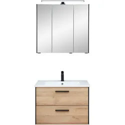 Badmöbel-Set »Quickset 395 2-teilig, Keramik-Waschtisch mit LED-Spiegelschrank«, (2 St.), Waschplatz 75 cm breit, 3 Türen, 2 Schubladen, Bad-Set, braun, 66844335-0