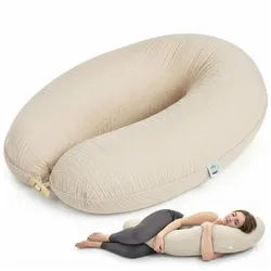 SEI Design Stillkissen Kapok-Füllung XXL 190x35 cm, Musselinbezug Bio-Baumwolle, ergonomisch, Schwangerschaftskissen mit Bezug, Seitenschläferkissen mit Kapok-Füllung, 100% Naturkissen, Musselin-Bezug aus Bio-Baumwolle beige
