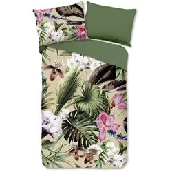 Wendebettwäsche , Grün, Naturfarben, Sandfarben , Textil , Blätter , 140x200 cm , Oeko-Tex® Standard 100, BCI (Better Cotton Initiative) , atmungsaktiv , Heimtextilien, Bettwäsche & Leintücher, Bettwäsche, Wendebettwäsche