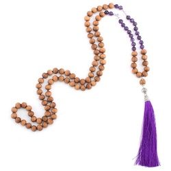 bodhi Perlenarmband Mala Amethyst, Bergkristall & Holzperlen, Sandelholz-Duft, 108 Perlen