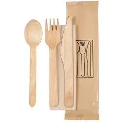 DUNI Holzbesteck Set, 4-teilig, Umweltfreundliches BioPak Einweggeschirr aus Holz, 1 x Messer, 1 x Gabel, 1 x Serviette, 1 x Löffel, 250 Sets