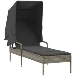 vidaXL Gartenliege Sonnenliege mit Dach Grau Poly Rattan, 1 St. grau
