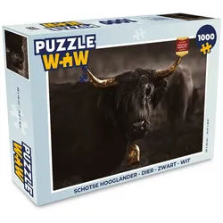 MuchoWow Puzzle Scottish Highlander - Tier - Schwarz und weiß, 1000 Puzzleteile, Foto-Puzzle, Bilderrätsel, Puzzlespiele, Klassisch schwarz 48 cm x 68 cm x 2 cm