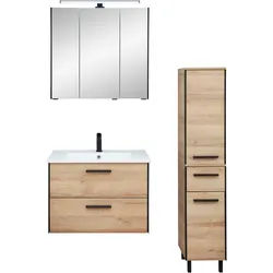 Badmöbel-Set »Quickset 395 3-teilig, Keramikwaschtisch mit LED-Spiegelschrank«, (5 St.), Midischrank, inkl. Türdämpfer, 5 Türen, 3 Schubladen, Bad-Set, braun, 65581142-0