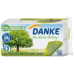 Danke Toilettenpapier aus 100 % Recyclingpapier, 3-lagig, naturweiß, 1 Packung = 16 Rollen à 150 Blatt