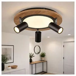 GLOBO LIGHTING LED Deckenleuchte, LED-Leuchtmittel fest verbaut, Warmweiß, Deckenleuchte Spotlampe beweglich 3xGU10 1xLED Holz schwarz 3 Stufen braun