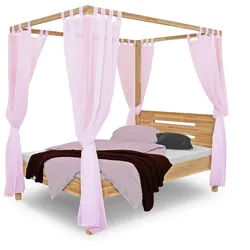 Bubema Jasmin – Himmelbett in Buche massiv, Farbton natur geölt oder weiß lasiert - 140 x 200 cm/Natur geölt, Vorhänge: Rosa