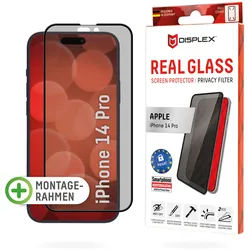 DISPLEX Privacy Full Cover Panzerglas 10H für iPhone 14 Pro Eco-Montagerahmen, Privacy Filter, Tempered Glas, kratzer-resistente Glasschutzfolie, hü