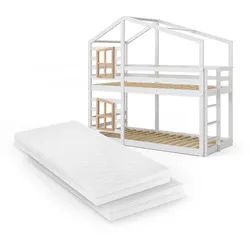 VitaliSpa Etagenbett Maja Weiß 90x200 cm mit 2 Matratzen , Weiß, Hellbraun , Holz , Rechteckig , 90x200 cm , Babymöbel & Kindermöbel, Kinderzimmer & Jugendzimmer, Kinderbetten