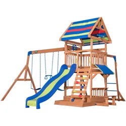 Spielturm B1808034 Northbrook , Blau, Braun, Grün, Rot , Holz , Zeder , massiv , 429.3x299.7x136.9 cm , EN 71 , Freizeit & Co, Gartenspielzeug, Spieltürme