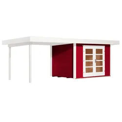 Weka Designhaus 126 B+ inkl. 300 cm Anbau und extra hoher Tür - 28 mm schwedenrot Designhaus 126 B Gr. 2 (645 x 300 cm) - 50 % Rabatt auf Dacheindeckung