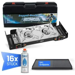 ZMC Gaskocher Butan Gaskocher Outdoor Campingkocher 2-flammig + Gaskartuschen 227g, (Doppel Kartuschenkocher mit Piezozündung, Wärmeleistung: 2,5KW, Doppel Kartuschenkocher mit Piezozündung, Wärmeleistung: 2,5KW), für Outdoor und Innenraum, Gasherd Kochfeld Gas Kocher Herd Doppel Gaskocher + Grillplatte + 16x Gaskartuschen