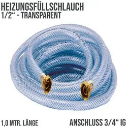 1,0 m Heizungs Füll Wasser Heizkörper Radiator Sanitär Schlauch transparent 3/4..."