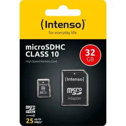 Intenso microSDHC Card 32GB, Class 10 (R) 25MB/s, (W) 10MB/s, SD-Adapter, Retail-Blister