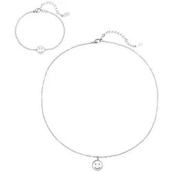 Hey Happiness Ketten und Armband Set Smiley Joy, 2er Schmuckset, Verspieltes Damen Schmuck mit Happy Smiley & Muschel Charm silberfarben