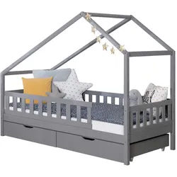 Mid.you Hausbett , Hellgrau , Holz , Birke,Kiefer , Schichtholz,massiv , Höhe ca. 16 cm , seitenverkehrt montierbar , 90x200 cm , transformierbar, nur für Rollroste geeignet, bodentiefer Einstieg , Babymöbel & Kindermöbel, Kinderzimmer & Jugendzimmer, Kinderbetten, Spielbetten