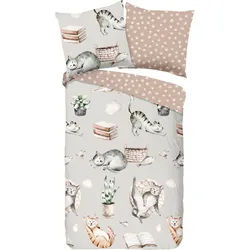 Jugendbettwäsche , Grau, Beige , Textil , Katze , 135x200 cm , atmungsaktiv , Heimtextilien, Bettwäsche & Leintücher, Kinderbettwäsche
