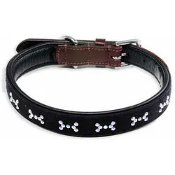 Monkimau Hunde-Halsband Hundehalsband Leder Halsband Hund braun schwarz mit Knochen Kristallen, Leder schwarz M - 20mm x 55cm