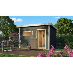 Karibu Saunahaus Skrollan 2 mit Vorraum terragrau-9 kW Bio-Kombiofen inkl. Huum Wlan Steuergerät mit App-Funktion-Klassiche Saunatür