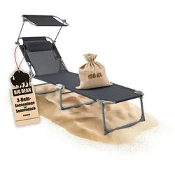 BigDean Gartenliege Sonnenliege klappbar mit Kopfkissen & Dach extra hoch dunkelgrau 150kg, Packung, 1 St., Liege, 3-Bein, Mit Kopfkissen, Extra Sonnendach, Garten, Balkon, Strand schwarz