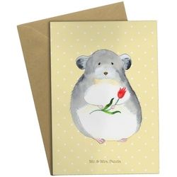 Mr. & Mrs. Panda Grußkarte Chinchilla Blume - Gelb Pastell - Geschenk, Geburtstagskarte, Karte, Hochwertiger Karton gelb