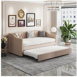 BUMHUM Schlafsofa (ohne Matratze) 90x200 Ausziehbares Sofa-Bett in Beige, strapazierfähiger Leinenstoff, Jugendbett, Kinderbett, Gästebett rosa