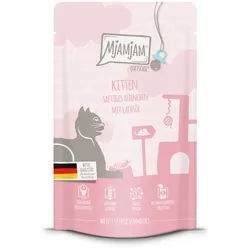 MJAMJAM Quetschies Kitten 125g Beutel Katzennassfutter Sparpaket 24 x 125 Gramm saftiges Huhn mit Lachsöl