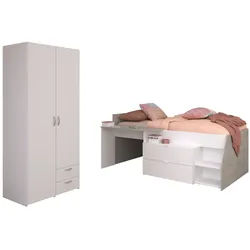 Parisot Jugendzimmer-Set Kinderzimmer 2-teilig "Milky 14" Weiß / Grey Loft, Hochbett (B203 x H90 x T135), Kleiderschrank (B80 x H185 x T51)