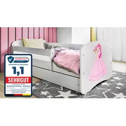 Raumhirsch Furniture Kinderbett 70x140, 80x160, 80x180 cm - Komplettset mit Schublade (Bett für Mädchen, Einzelbett Kinder 2–12, mit Rausfallschutz & Lattenrost), verschiedene Farben & Designs weiß