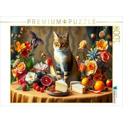 CALVENDO Puzzle CALVENDO Puzzle Katze auf Tisch mit Blumen und Obst im Stil der Alten, 1000 Puzzleteile