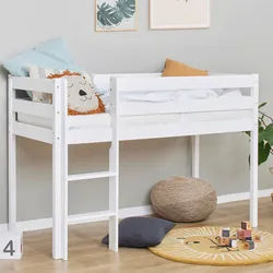 Mid.you Hochbett , Weiß , Holz , Kiefer , vollmassiv , Höhe ca. 9 cm , 90x200 cm , für Rollrost geeignet , Holzmöbel, Holzbetten, Kinderbetten Holz