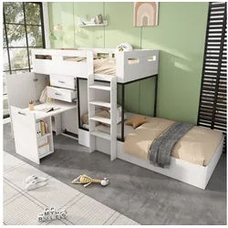 Flieks Etagenbett, Kinderbett 90x200cm mit ausziehbarem Tisch, Garderobe, großem Stauraum weiß