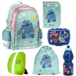 GOLDKIDS Schulranzen für Jungen und Mädchen, 6er-Set - (Schul-Rucksack für Kinder mit Federmäppchen, 1-tlg., - Schuhbeutel Brotdose und Trinkflasche), - Stitch Motiv - 1-3 Klasse