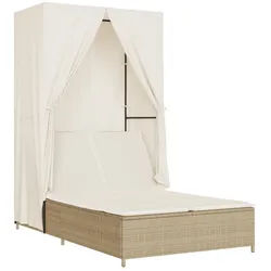 vidaXL Gartenliege Doppel-Sonnenliege mit Dach und Vorhängen Beige Poly Rattan, 1 St.