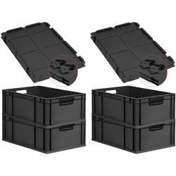 PROREGAL SuperSparSet 4x Eurobox NextGen Color mit Scharnierdeckel & Verschlüssen, HxBxT 22x40x60cm, 44L, Schwarz, Griffe schwarz offen, Eurobehälter