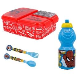 MARVEL Lunchbox Spiderman 4 teiliges Set - 3 Kammer Brotdose Trinkflasche Besteck, (4-tlg)