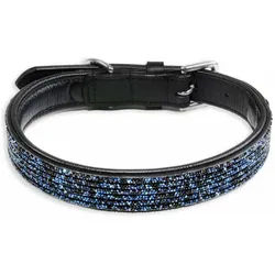 Monkimau Hunde-Halsband Hundehalsband Leder Halsband Hund schwarz mit blauen Pailletten S-XS, Leder schwarz S-XS - 20mm x 40cm