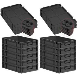 PROREGAL SuperSparSet 10x Eurobox NextGen Color mit Scharnierdeckel & Verschlüssen, HxBxT 12x40x60cm, 23L, Schwarz, Griffe schwarz zu, Eurobehälter
