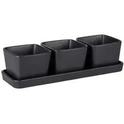 WENKO Snack & Dip Schalen Set, 3-teilig, Schwarzes Tablett mit 3 Dip Schalen aus Keramik, 1 Stück