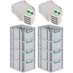 PROREGAL 8x Eurobox NextGen Color mit Scharnierdeckel & Verschlüssen | HxBxT 22x30x40cm | 20 Liter | Griffe grün geschlossen | Glatter Boden