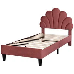 Welikera Kinderbett Polsterbett 90x200cm,Teenie-Mädchenbett,Hautfreundlichem Samtstoff, Bettgestell mit Kopfteil in Blumenform & Lattenrost,Gästebett rot
