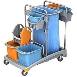 Cleankeeper Gerätewagen I - 7, inkl. 120 l Abfallsack - blau, 2 x 20, 3 x 6 l Eimer - Blau/Orange, 1 Mopppresse