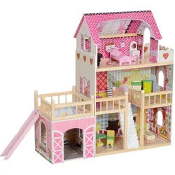 Aiyaplay Puppenhaus, 3 Etagen, 13 Möbelstücke, Garage, Rutschen & Balkon, 92,1 cm, Rosa , Holzwerkstoff , 32x92.1x114.5 cm , Spielzeug, Kinderspielzeug, Puppen & Puppenzubehör, Puppenzubehör