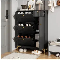 Flieks Schuhschrank Schuhkommode mit 3 Klappen, 1 Schublade und 1 Tür (H121xB90xT25 cm, 1-St., ca 16 Paar Schuhe) Schuhregal Schuhkipper mit verstellbarer Einlegeböden Schwarz schwarz